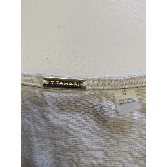 T Tahari Linen Blend Midi Dress Flutter Sleeve Khaki Button Up Shirred Waist 12 - Picture 10 of 15